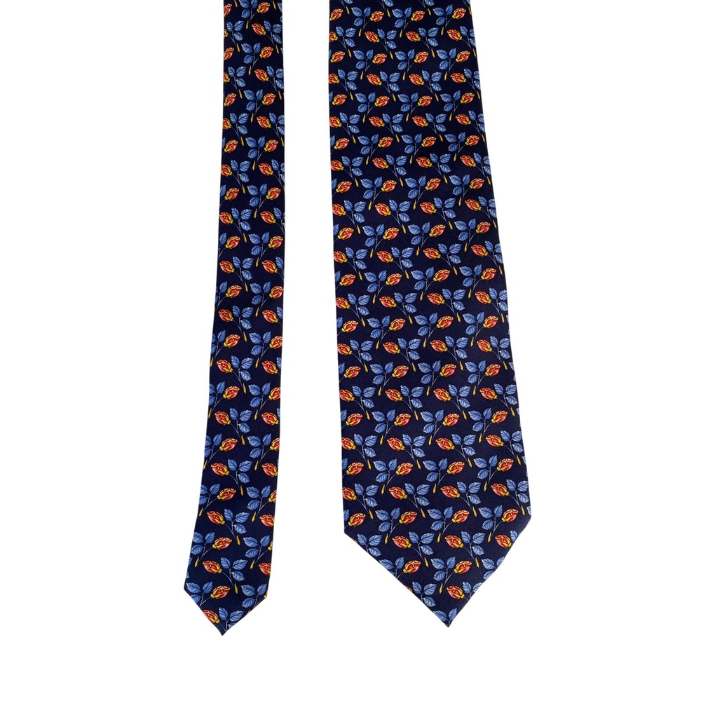 Dormeuil Paris-London Mens Silk Necktie Navy Blue Rose Floral Pattern Tie